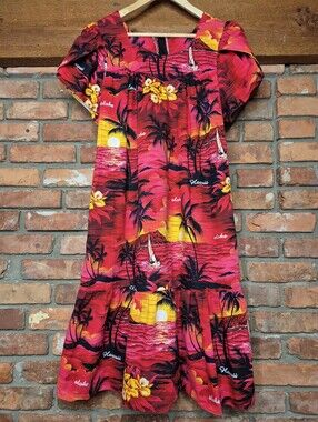 Aloha Mo'i Hawaii Cotton Hawaiian Tropical Sunset Midi Dress L Made in Hawaii